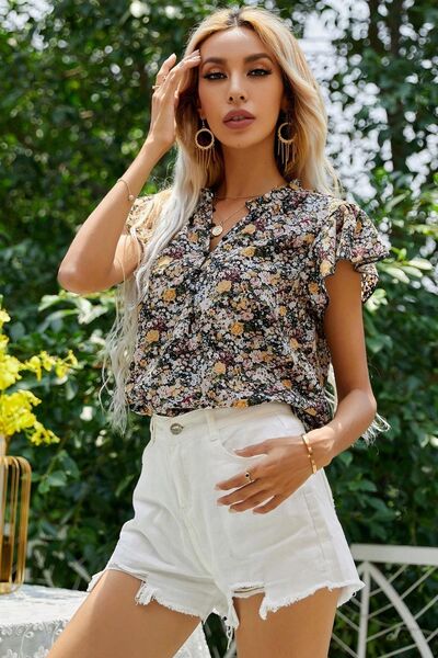 Floral Notched Flutter Sleeve T-Shirt BLUE ZONE PLANET