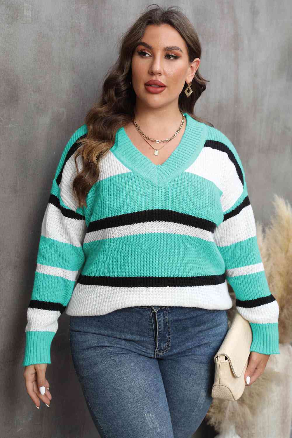 Plus Size Striped V-Neck Dropped Shoulder Sweater BLUE ZONE PLANET