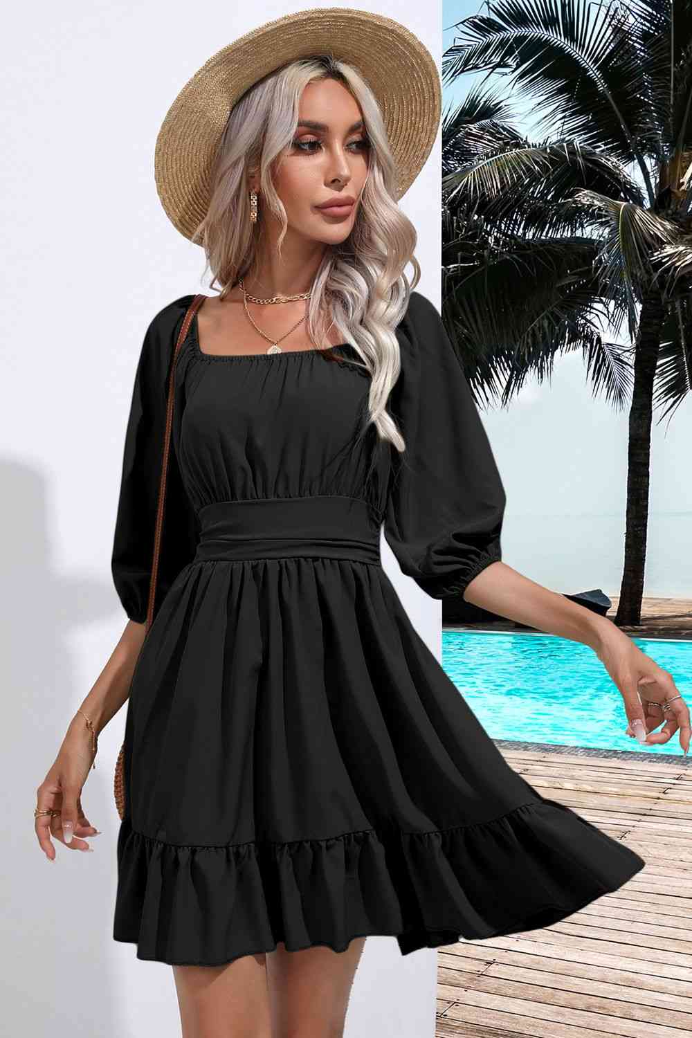 Blue Zone Planet |  Square Neck Tie Back Ruffle Hem Dress BLUE ZONE PLANET
