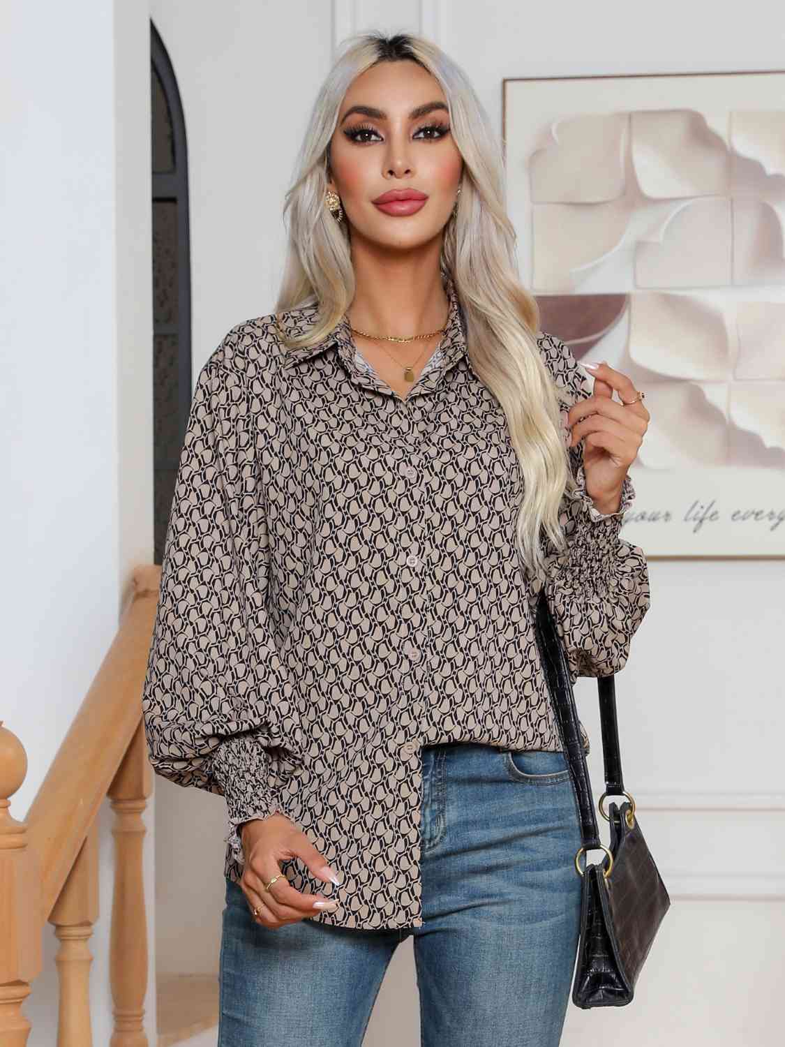 Printed Collared Neck Buttoned Dropped Shouder Shirt BLUE ZONE PLANET