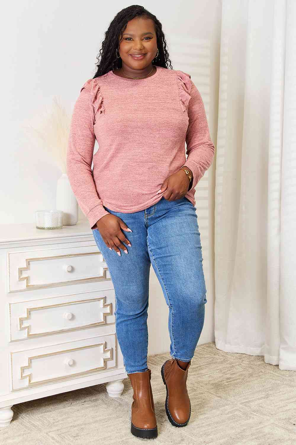 Double Take Ruffle Shoulder Long Sleeve T-Shirt BLUE ZONE PLANET