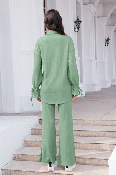Blue Zone Planet | Drawstring Flounce Sleeve Shirt and Pants Set BLUE ZONE PLANET