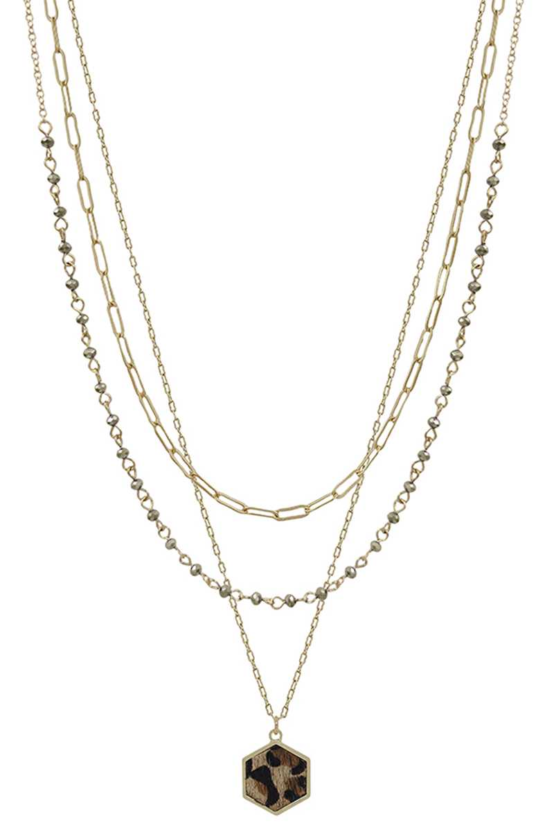 3 Layered Metal Crystal Bead Chain Hexagon Leopard Pendant Necklace Blue Zone Planet
