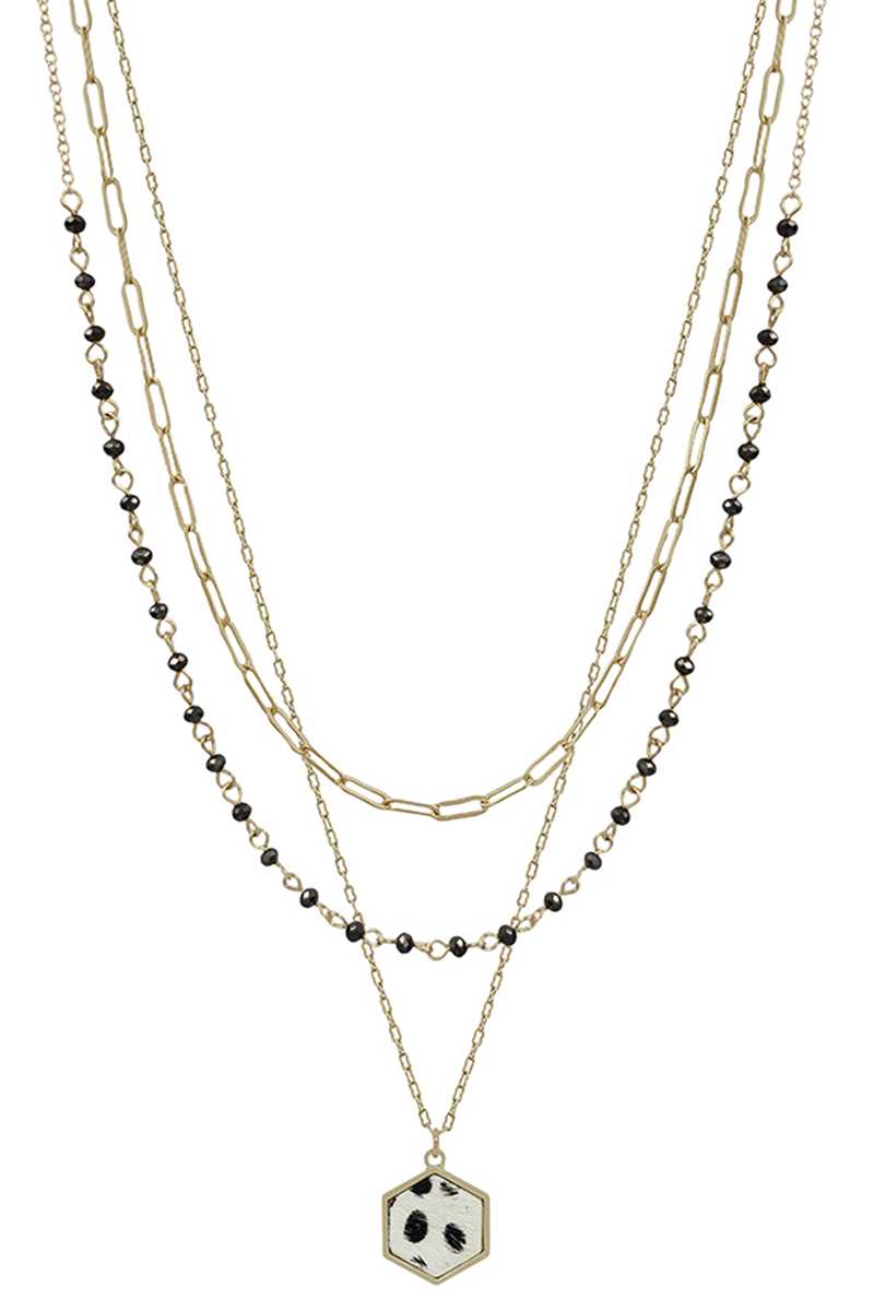 3 Layered Metal Crystal Bead Chain Hexagon Leopard Pendant Necklace Blue Zone Planet