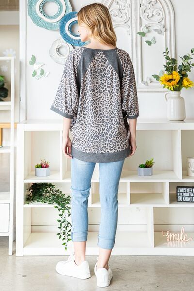 Heimish Full Size Leopard Contrast V-Neck Half Sleeve T-Shirt BLUE ZONE PLANET
