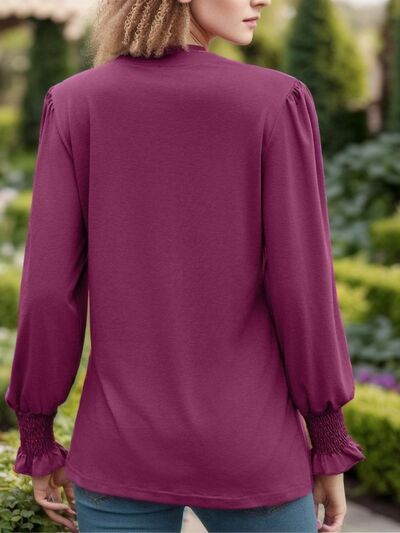 Blue Zone Planet | Notched Smocked Flounce Sleeve Blouse BLUE ZONE PLANET