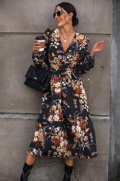 Floral Surplice Tie Front Ruffle Hem Midi Dress BLUE ZONE PLANET