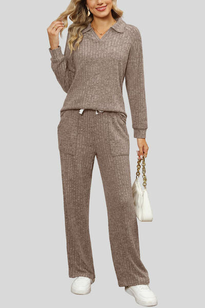 Blue Zone Planet | Ribbed Long Sleeve Top and Pocketed Pants Set BLUE ZONE PLANET