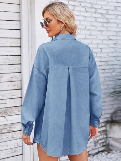Pocketed Snap Down Dropped Shoulder Denim Shacket Trendsi