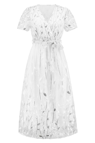 Blue Zone Planet |  Sequin Leaf Embroidery Tie Front Short Sleeve Dress BLUE ZONE PLANET