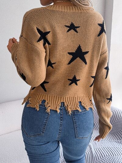 Blue Zone Planet |  Star Pattern Distressed V-Neck Cropped Sweater BLUE ZONE PLANET