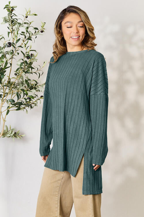 Basic Bae Full Size Ribbed Round Neck Long Sleeve Slit Top BLUE ZONE PLANET