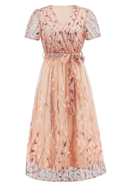 Blue Zone Planet |  Sequin Leaf Embroidery Tie Front Short Sleeve Dress BLUE ZONE PLANET
