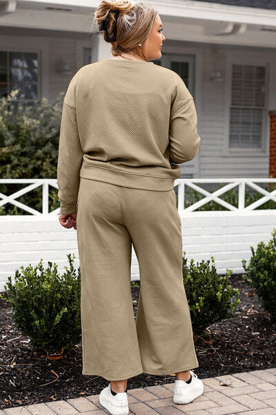 Double Take Full Size Textured Long Sleeve Top and Drawstring Pants Set BLUE ZONE PLANET