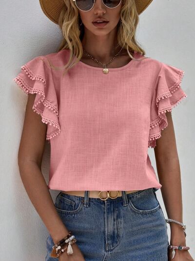 Blue Zone Planet | Ruffled Cap Sleeve Round Neck Blouse BLUE ZONE PLANET