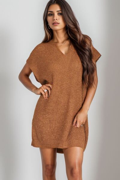 Blue Zone Planet | Notched Cap Sleeve Mini Sweater Dress BLUE ZONE PLANET
