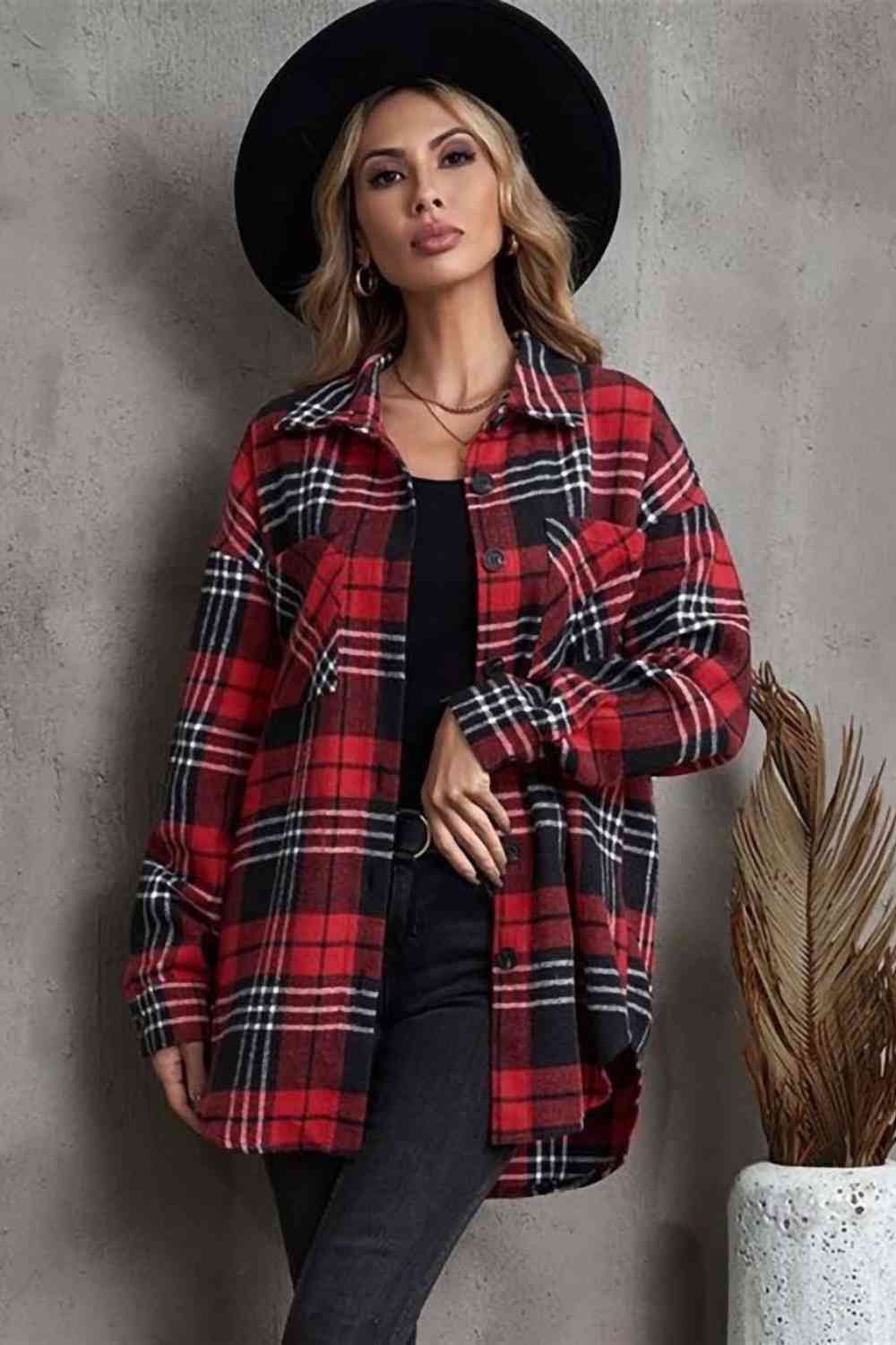 Plaid Collared Neck Button Up Jacket with Pockets BLUE ZONE PLANET