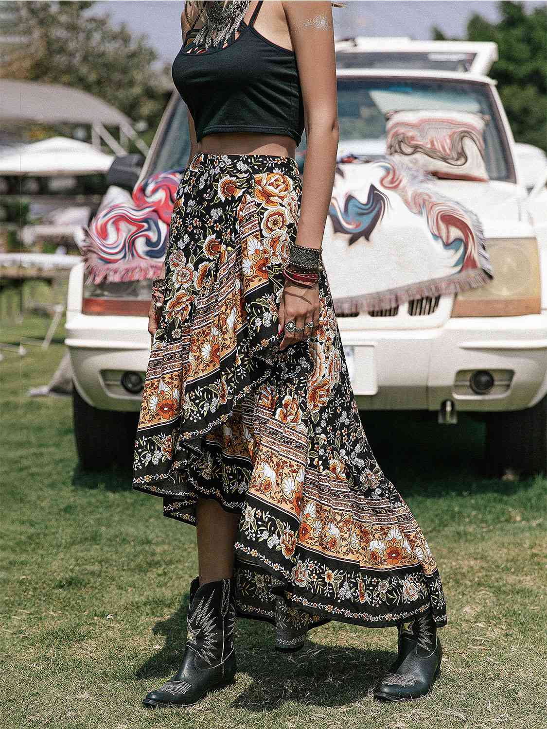 Printed High-Low Ruffle Hem Skirt BLUE ZONE PLANET