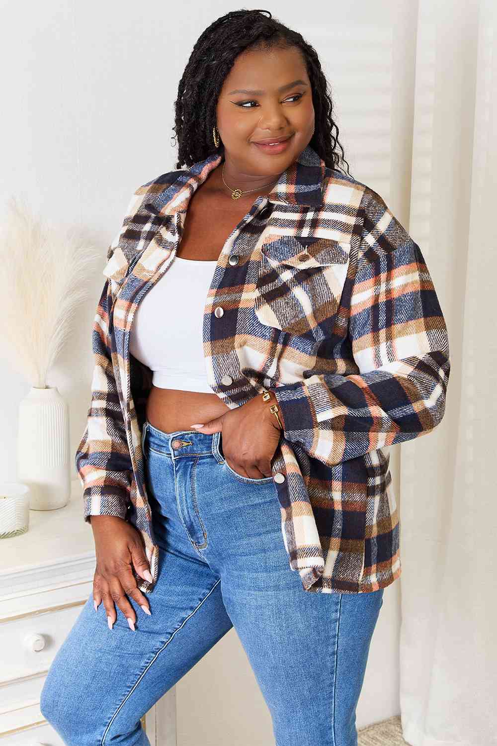 Blue Zone Planet | Double Take Plaid Button Front Shirt Jacket with Breast Pockets BLUE ZONE PLANET