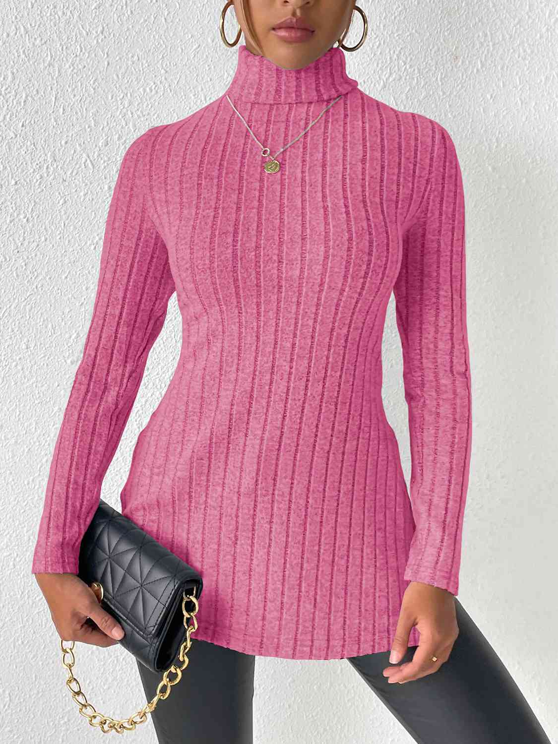 Ribbed Turtleneck Long Sleeve Slit T-Shirt BLUE ZONE PLANET