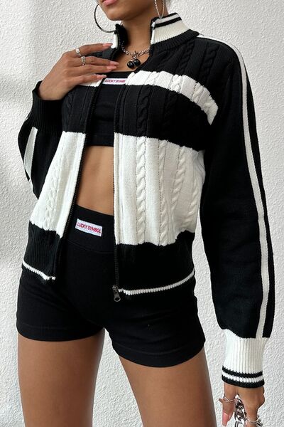 Cable-Knit Color Block Raglan Sleeve Cardigan BLUE ZONE PLANET