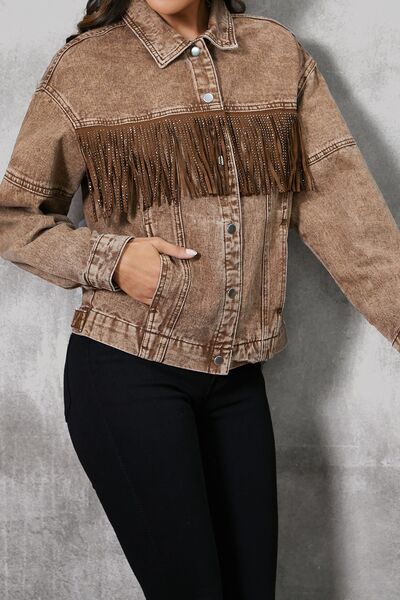 Fringe Trim Snap Down Denim Jacket BLUE ZONE PLANET