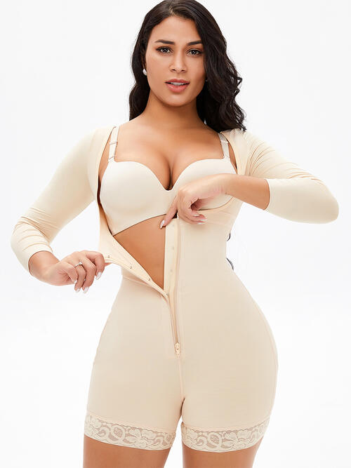Full Size Zip Up Lace Detail Long Sleeve Shapewear BLUE ZONE PLANET