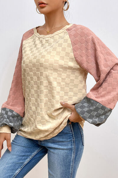 Blue Zone Planet | Checkered Contrast Round Neck Long Sleeve T-Shirt BLUE ZONE PLANET
