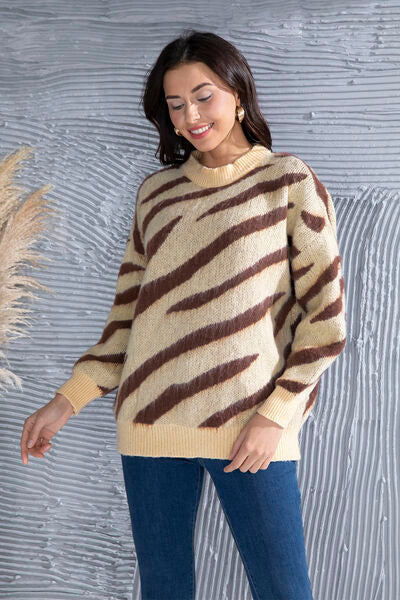Blue Zone Planet | Animal Element Round Neck Dropped Shoulder Sweater BLUE ZONE PLANET