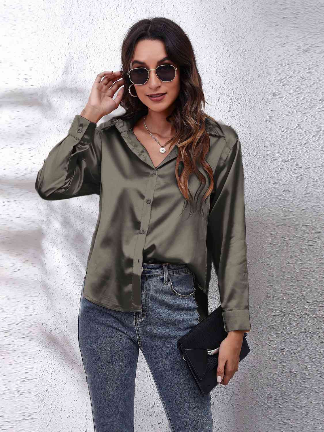 Collared Neck Buttoned Long Sleeve Shirt BLUE ZONE PLANET