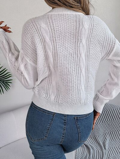 Blue Zone Planet | Cable-Knit Buttoned Round Neck Sweater BLUE ZONE PLANET