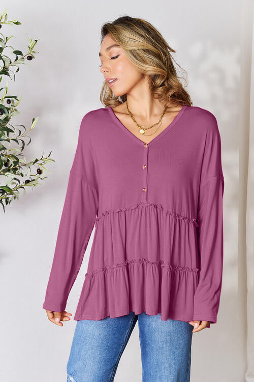 Double Take Half Button Long Sleeve Ruffle Hem Blouse BLUE ZONE PLANET