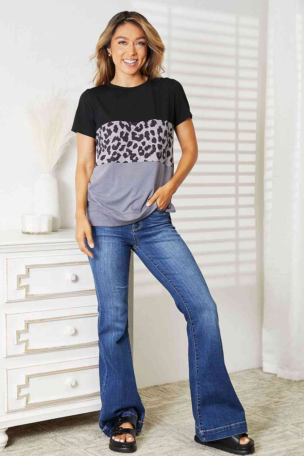 Double Take Leopard Print Color Block Short Sleeve T-Shirt BLUE ZONE PLANET