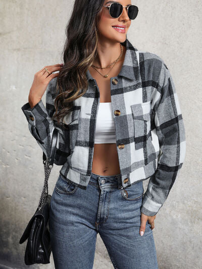 Blue Zone Planet | Plaid Button Up Drop Shoulder Cropped Jacket BLUE ZONE PLANET