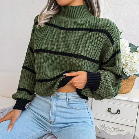 Striped Mock Neck Dropped Shoulder Sweater BLUE ZONE PLANET