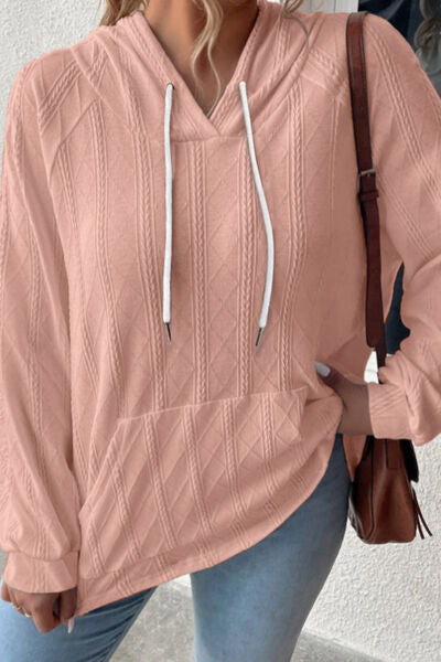 Textured Drawstring Kangaroo Pocket Hoodie Trendsi