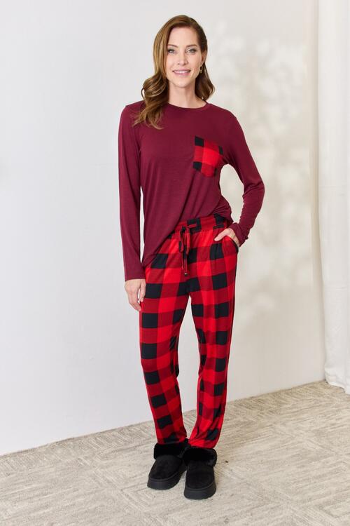 Zenana Full Size Plaid Round Neck Top and Pants Pajama Set BLUE ZONE PLANET