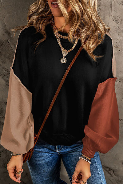Blue Zone Planet | Contrast Round Neck Dropped Shoulder Sweater BLUE ZONE PLANET