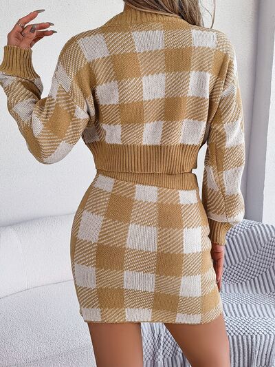 Blue Zone Planet | Plaid Round Neck Top and Skirt Sweater Set BLUE ZONE PLANET