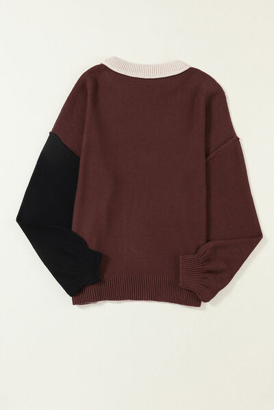 Blue Zone Planet | Contrast Round Neck Dropped Shoulder Sweater BLUE ZONE PLANET