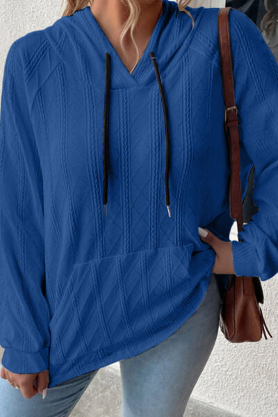 Textured Drawstring Kangaroo Pocket Hoodie Trendsi
