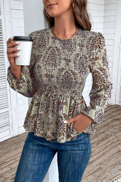 Blue Zone Planet | Smocked Printed Balloon Sleeve Blouse BLUE ZONE PLANET