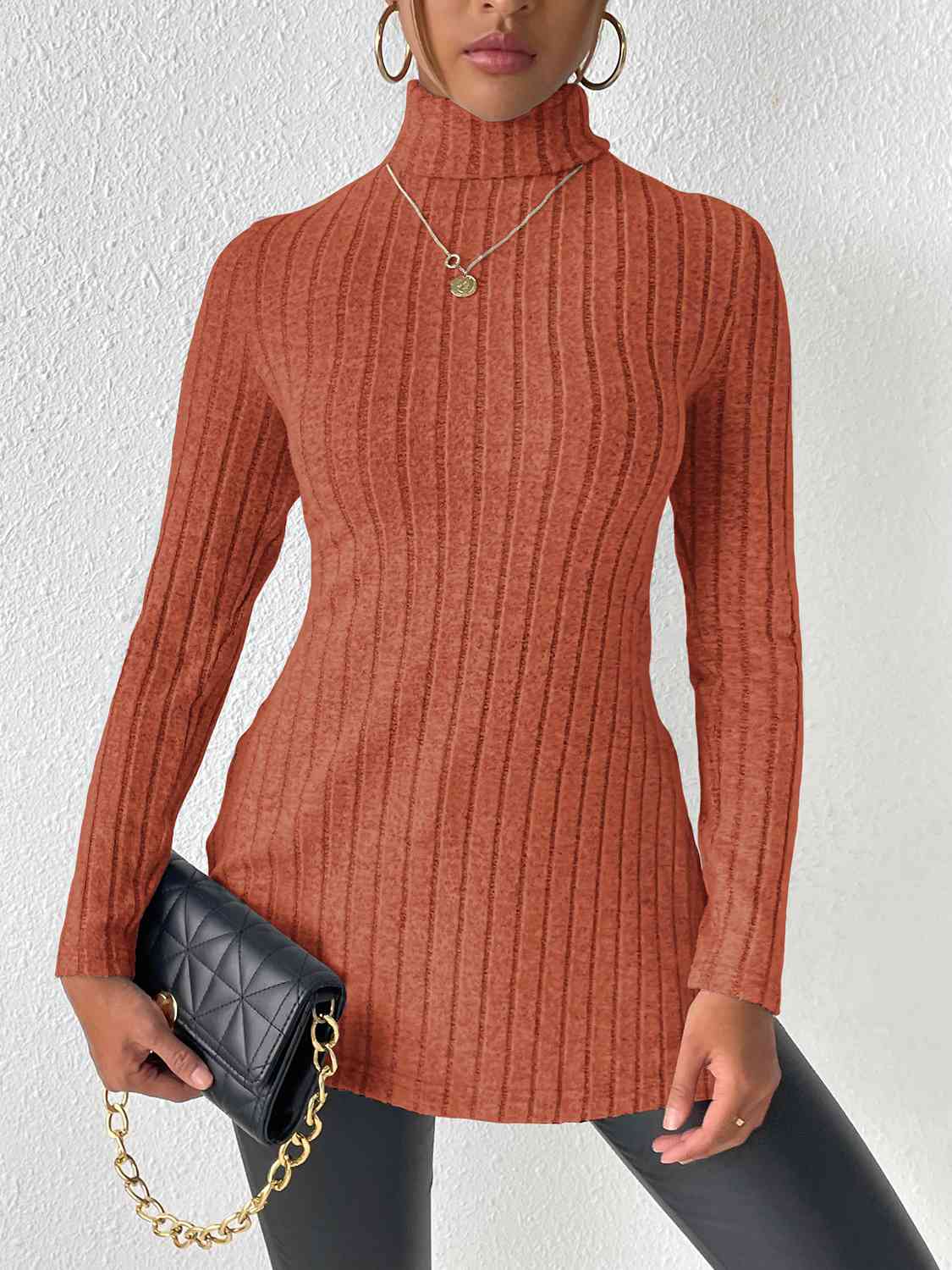 Ribbed Turtleneck Long Sleeve Slit T-Shirt BLUE ZONE PLANET
