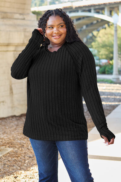 Basic Bae Full Size Ribbed Round Neck Long Sleeve Knit Top BLUE ZONE PLANET