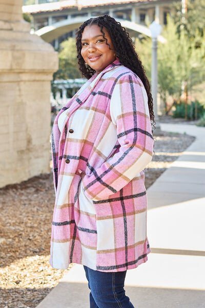 Double Take Full Size Plaid Button Up Lapel Collar Coat BLUE ZONE PLANET