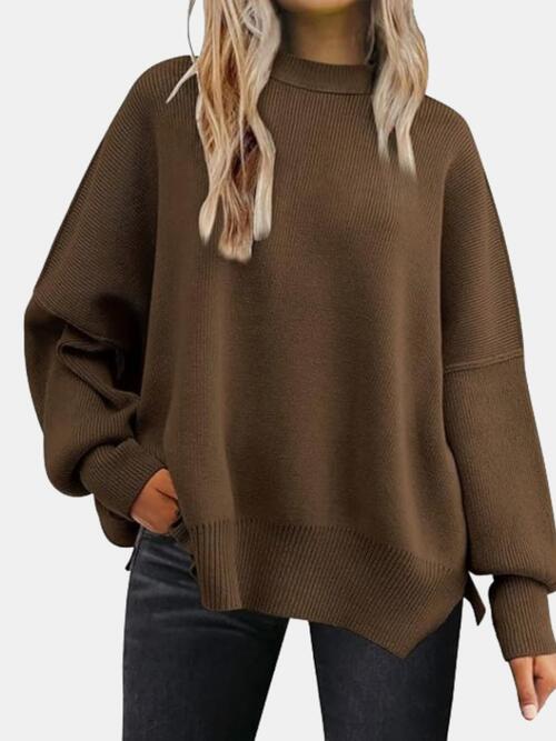 Round Neck Drop Shoulder Slit Sweater BLUE ZONE PLANET