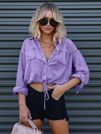 Blue Zone Planet | Drawstring Pocketed Button Up Denim Top BLUE ZONE PLANET