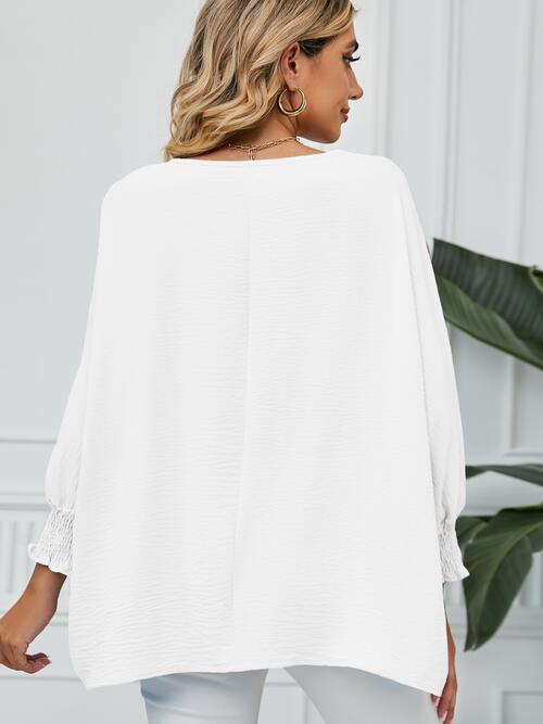Smocked Lantern Sleeve Round Neck Blouse BLUE ZONE PLANET