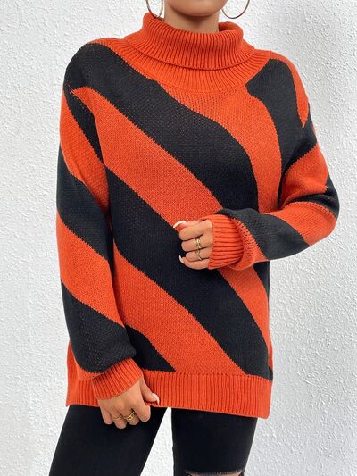 Blue Zone Planet | Striped Turtleneck Dropped Shoulder Sweater BLUE ZONE PLANET