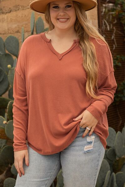 Plus Size Notched Long Sleeve T-Shirt BLUE ZONE PLANET